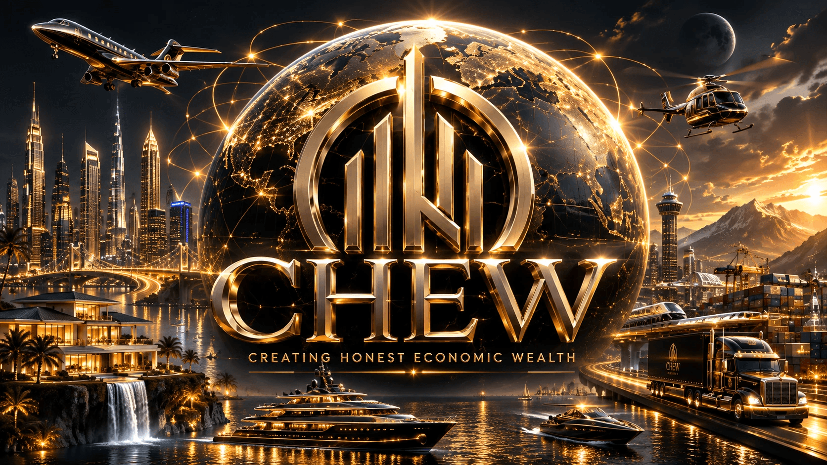 CHEW — Creating Honest Economic Wealth, the monumental CHEW mark over a globe of economic activity